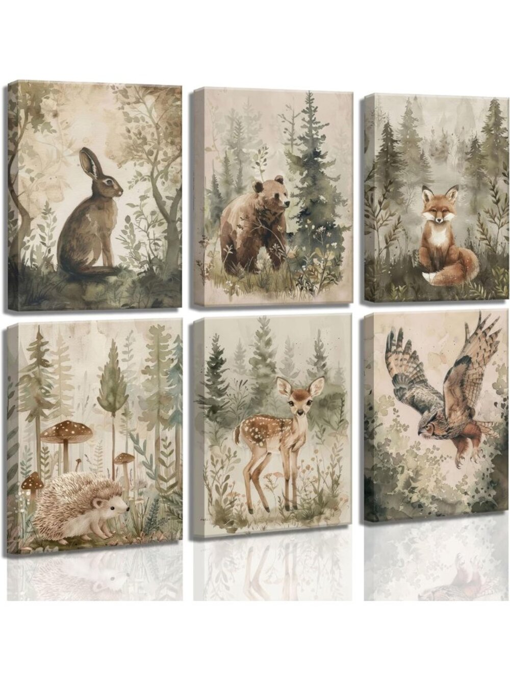 Vintage Woodland Nursery Canvas Wall Art Set - 6 Pcs, 8x10in Forest Decor